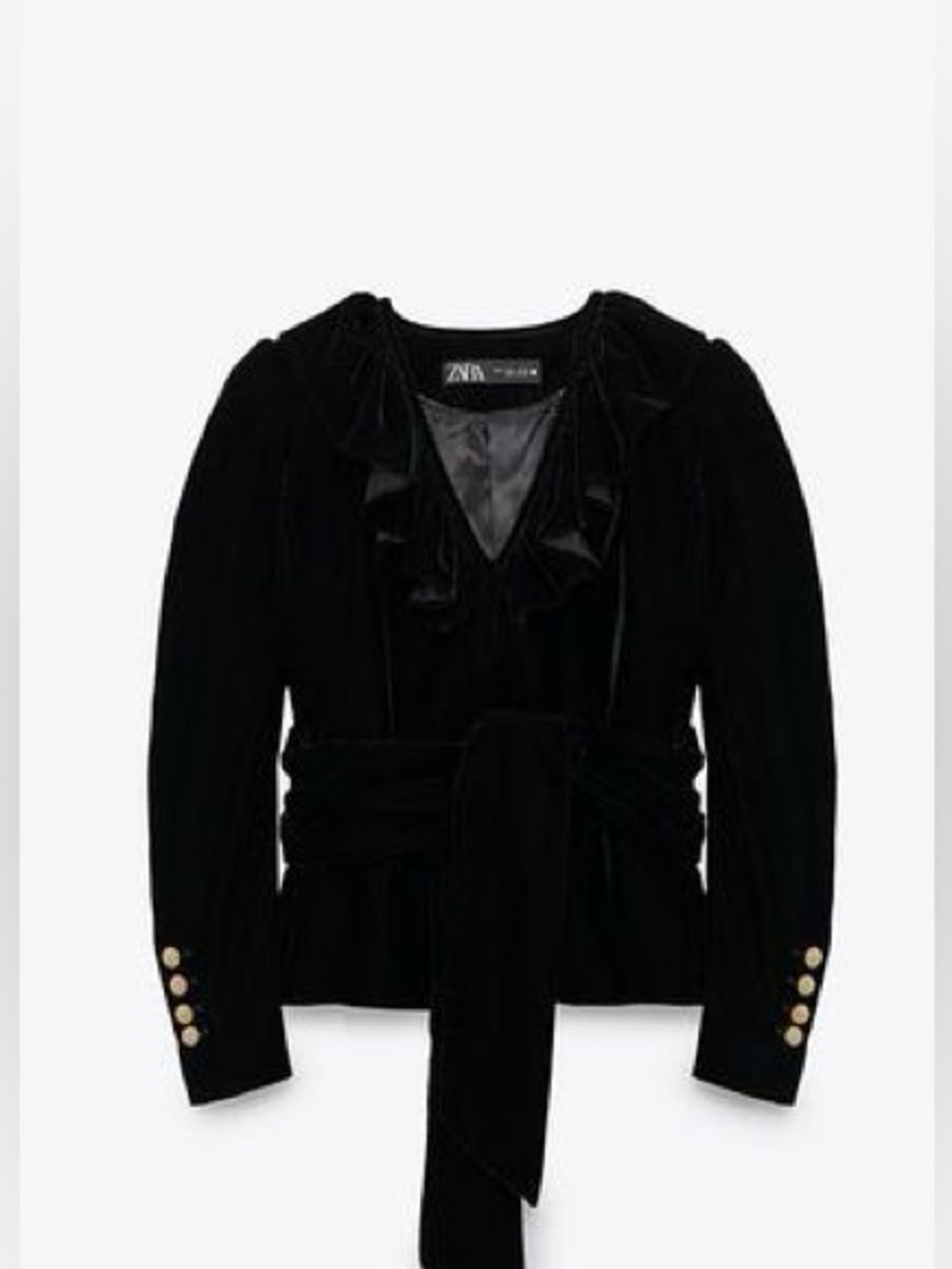 Zara Black Velvet Jacket Ruffle Neckline Sash Tie Waist Gold Button Cuffs Sz S